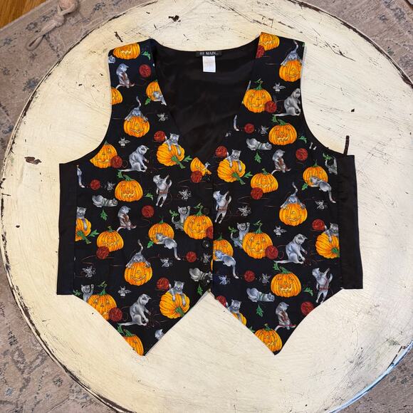 Halloween VTG Cat Pumpkin Tie Back Novelty Vest Spooky Season Fall - Picture 2 of 7